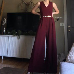 Rich Burgundy Wide Leg Jumpsuit with Gold Belt
